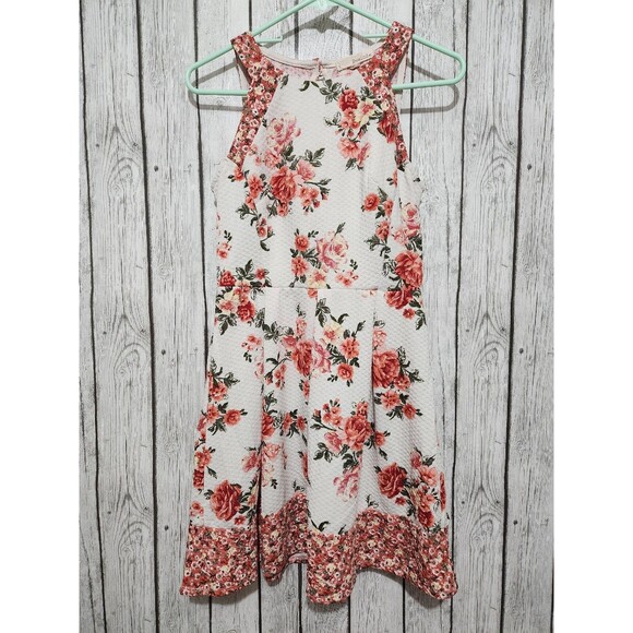Rewind Formal Halter Floral Dress Juniors M Knee Length Cutout Back Pink Red - Picture 1 of 14
